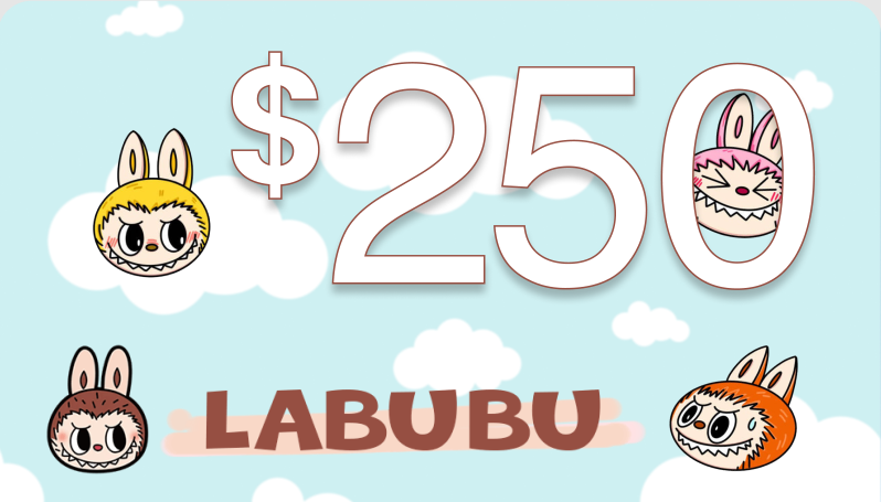 Labubi themed gift card with pastel colors, cute monster illustrations and gold foil accents